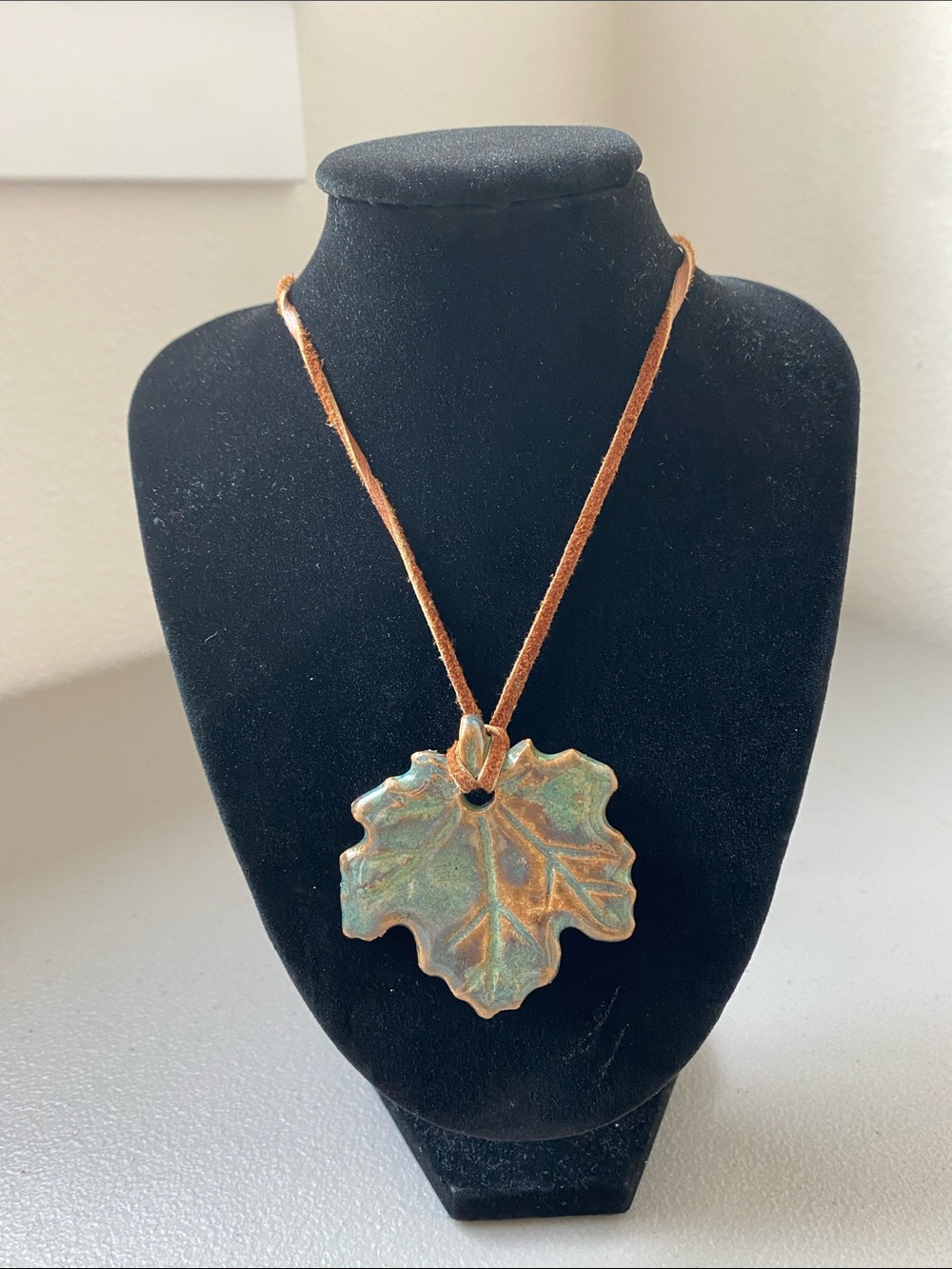 Handmade Patina Clay Leaf Pendant Necklace Green-Brown on Brown Suede Cord